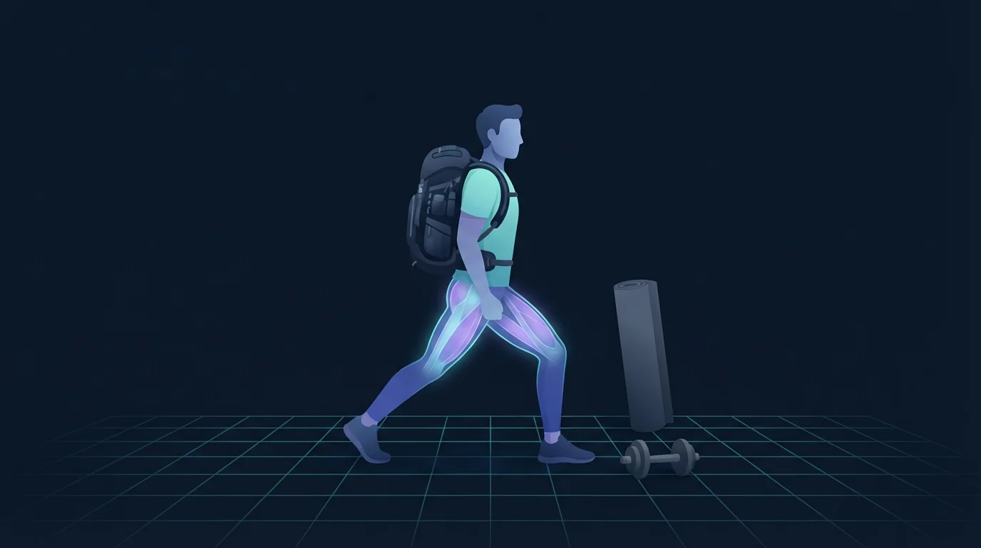An athlete doing a walking lunge in a living room with a weighted backpack on, a dumbbell and a rolled mat on the floor beside them, quads and glutes glowing