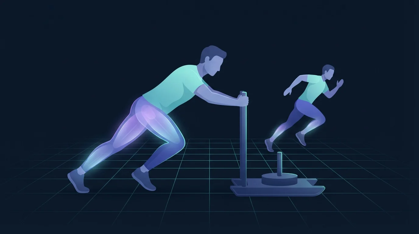 One athlete driving a loaded sled across an indoor floor while a second runs past behind them, showing how a HYROX race alternates running with a station