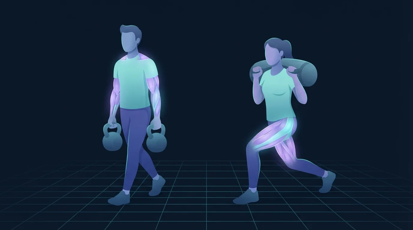 An athlete walking with a heavy kettlebell in each hand, forearms and upper back glowing, next to another athlete lunging forward under a weighted bag