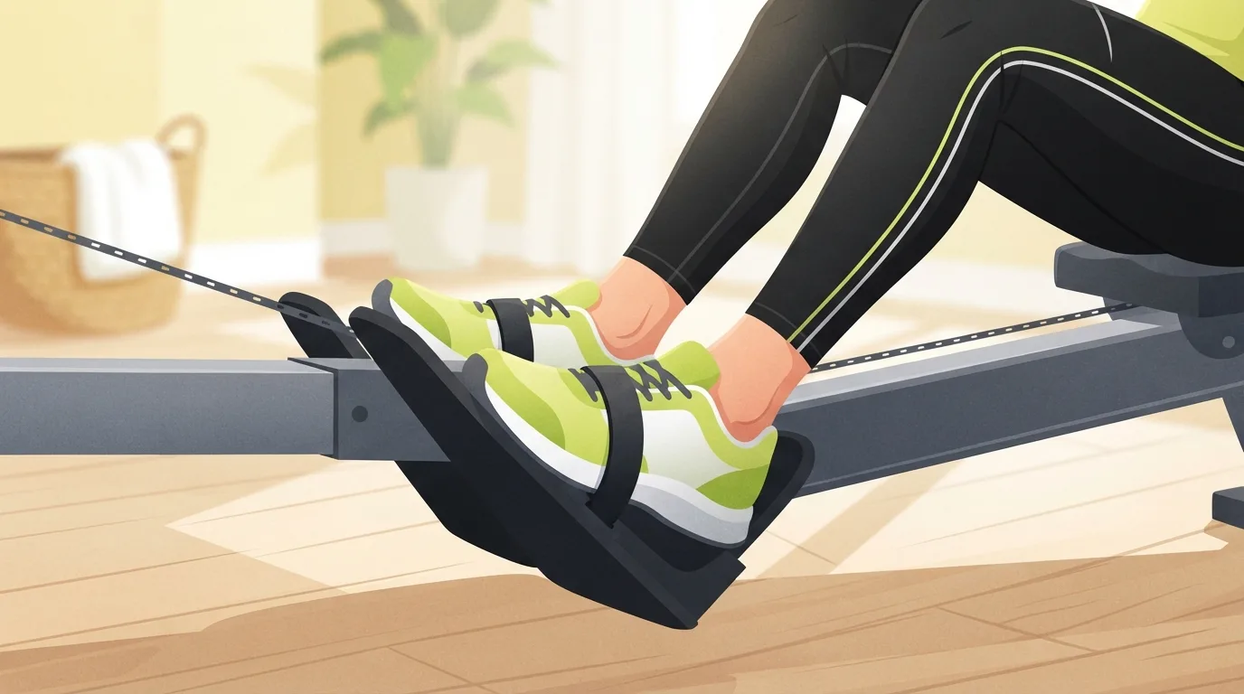 Nahaufnahme der Sneaker einer Ruderin, die in den Fußplatten eines Rudergeräts festgeschnallt sind, die Knie zu Beginn des Beinstoßes gebeugt, der Beinstoß, der Quadrizeps und Gesäß trainiert