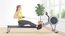 A woman at the finish of a rowing stroke on an indoor rowing machine in a bright room, legs straight, torso leaning slightly back and the handle drawn to her lower ribs