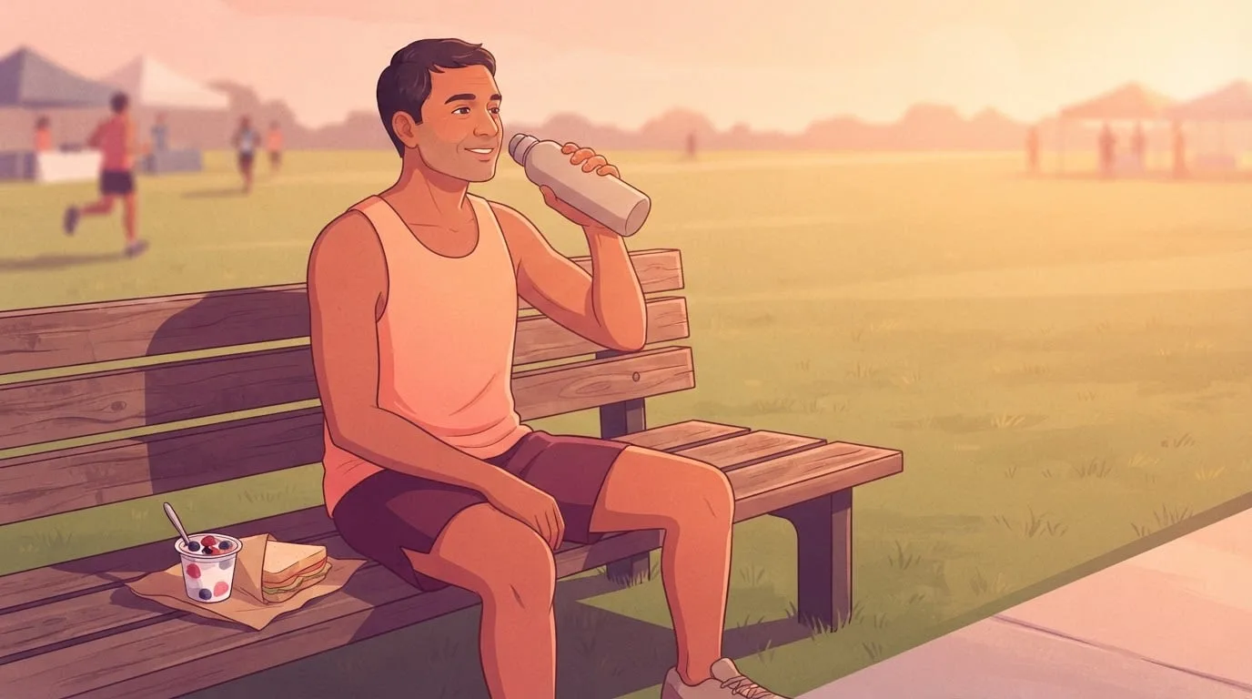 Ein lächelnder Läufer sitzt nach einem 5-km-Lauf am Morgen auf einer Holzbank im Park und trinkt aus einer Wasserflasche, neben ihm ein Becher Joghurt mit Beeren und ein eingewickeltes Sandwich, eine Erholungsmahlzeit nach dem Rennen