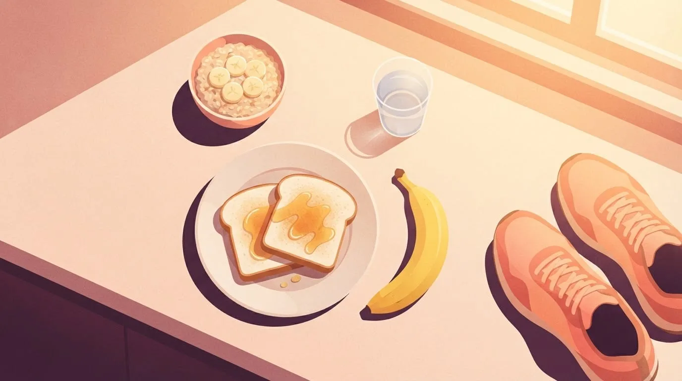 Draufsicht auf ein Wettkampffrühstück auf einer Küchenarbeitsplatte bei Sonnenaufgang: zwei Scheiben Weißbrot-Toast mit Honig, eine reife Banane, eine kleine Schüssel Haferbrei mit Bananenscheiben und ein Glas Wasser, daneben ein Paar Laufschuhe, die zeigen, was man vor einem 5K essen sollte