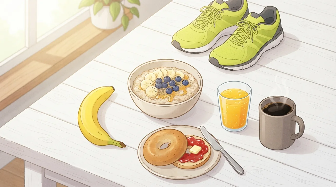 A pre-long-run breakfast on a white table by a sunny window: a bowl of oatmeal with banana slices, blueberries and honey, a plain bagel with jam, a banana, a glass of orange juice, a mug of coffee and a pair of lime-green running shoes