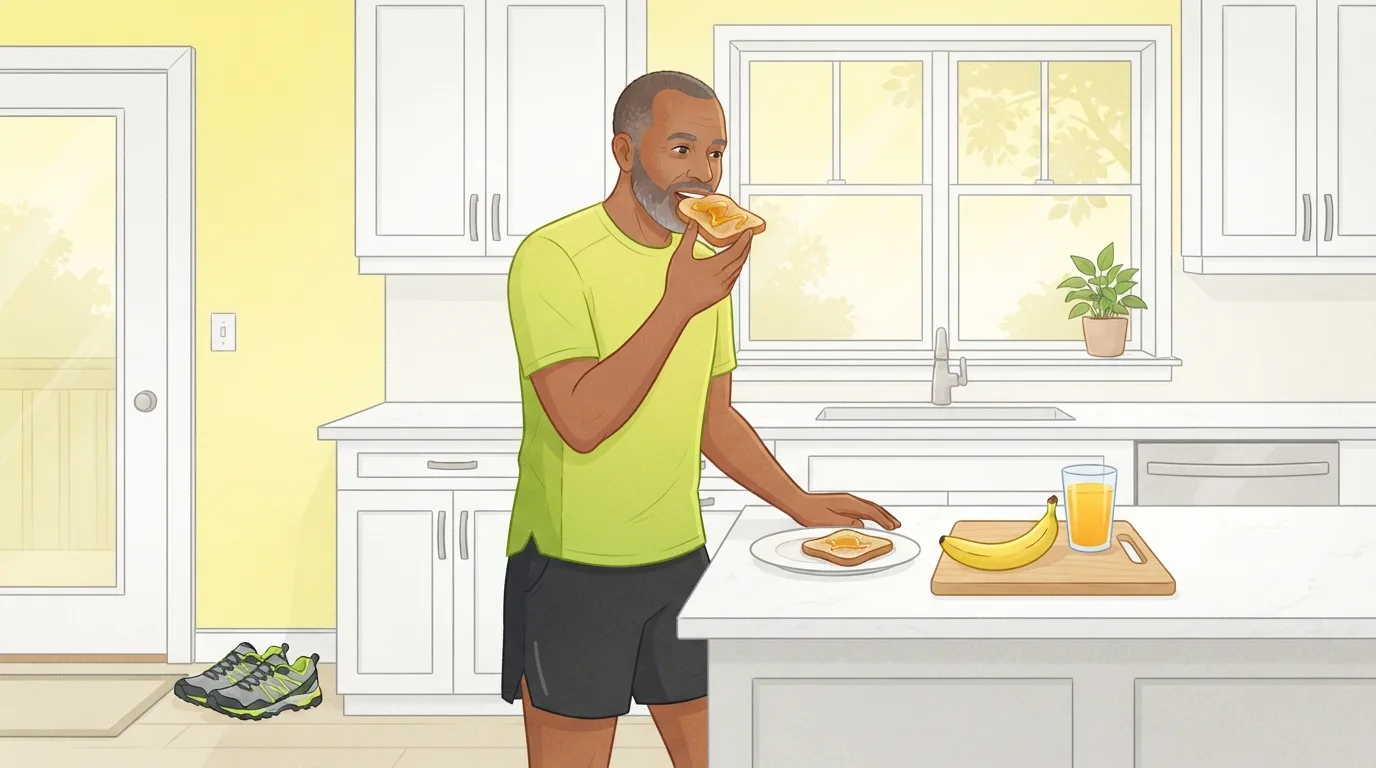 A man in his fifties in a lime-green running shirt eating toast with honey at a bright kitchen counter at dawn, a banana and a glass of orange juice beside his plate and running shoes by the door