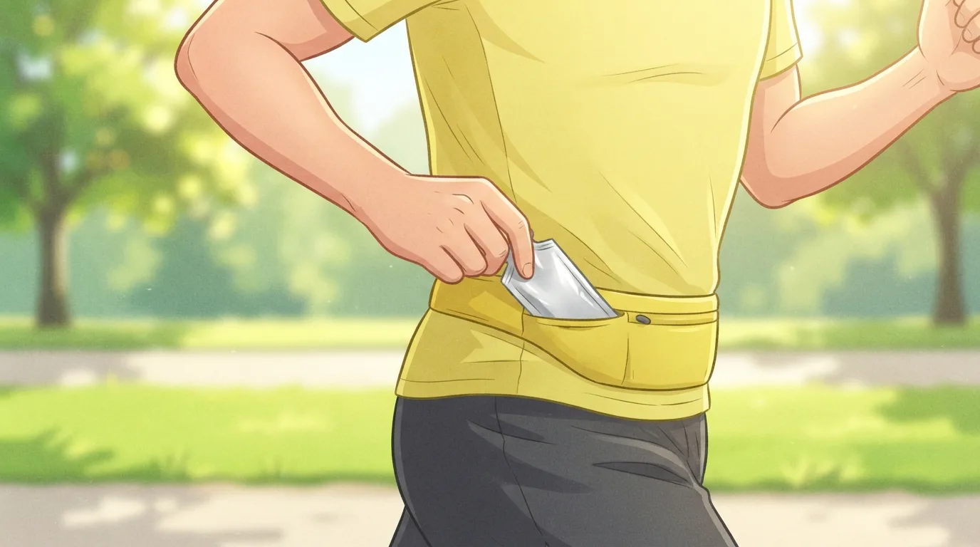 Close-up of a runner's hand pulling a plain silver foil energy gel sachet from a yellow waist belt during a long run on a sunny park path