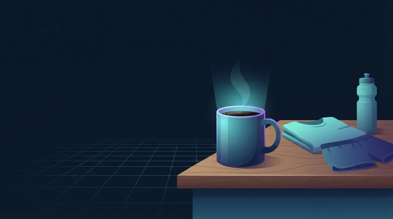 Une tasse de café noir à côté de vêtements de sport et d'une bouteille d'eau sur un plan de travail dans la lumière du petit matin, la configuration de l'entraînement matinal à jeun ou presque