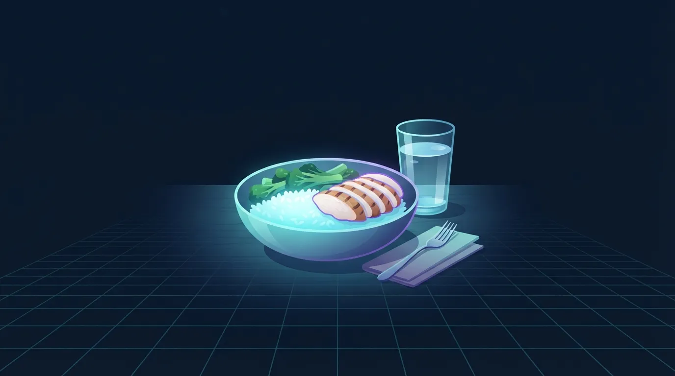 Un bol de riz avec du poulet grillé et des légumes vapeur sur une table de cuisine à côté d'un verre d'eau, le repas pré-entraînement de 2 à 3 heures