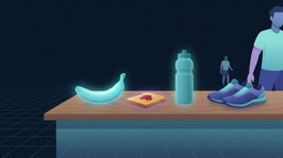 A banana and a slice of toast with jam on a kitchen counter beside a water bottle and running shoes