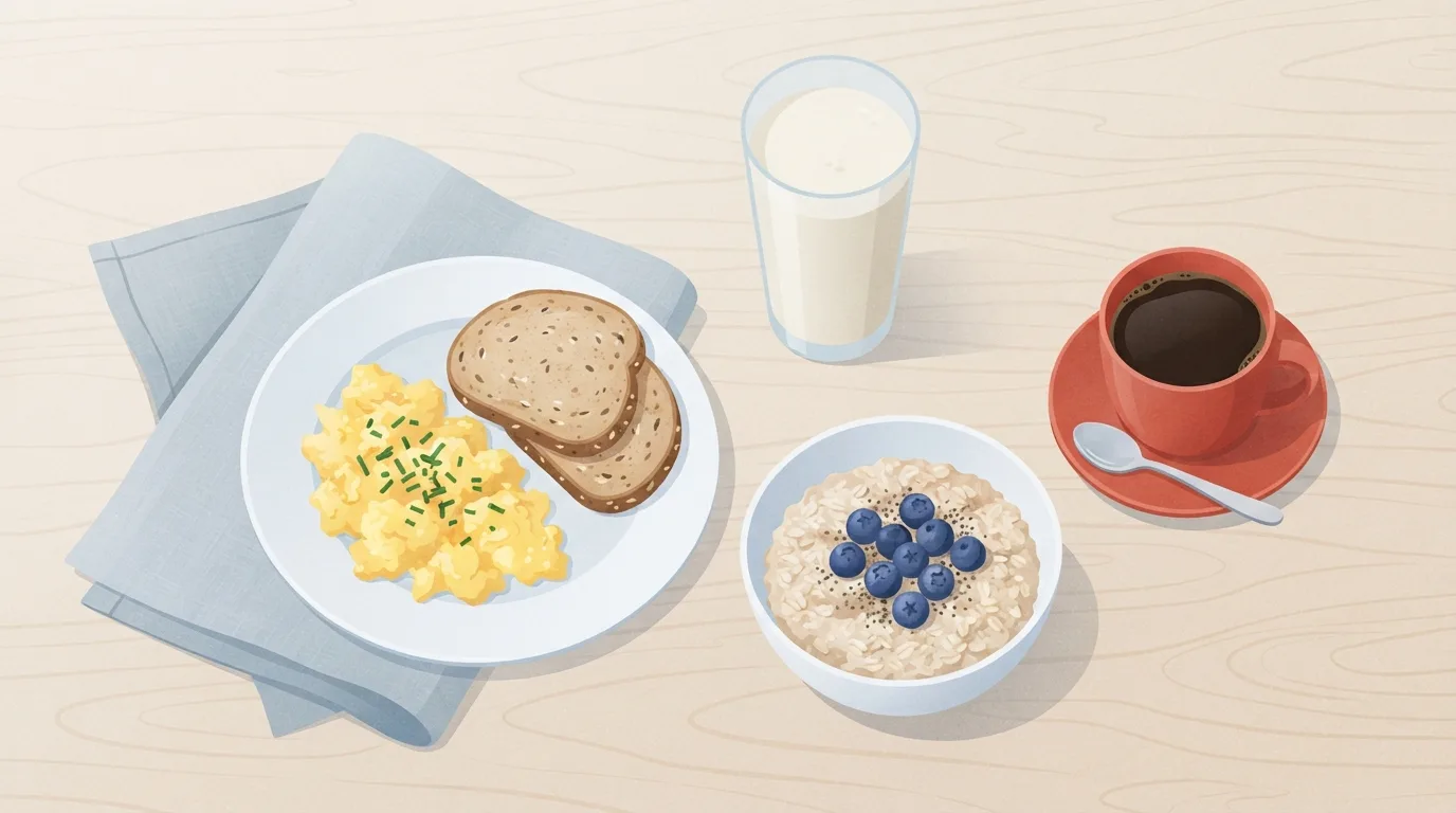 Draufsicht auf ein Frühstück auf einem Birkenholztisch: Rührei und Vollkorntoast, eine Schüssel Haferflocken mit Beeren, ein hohes Glas Proteinshake und eine rote Kaffeetasse, die einen Proteinshake zu einer Morgenmahlzeit zeigt