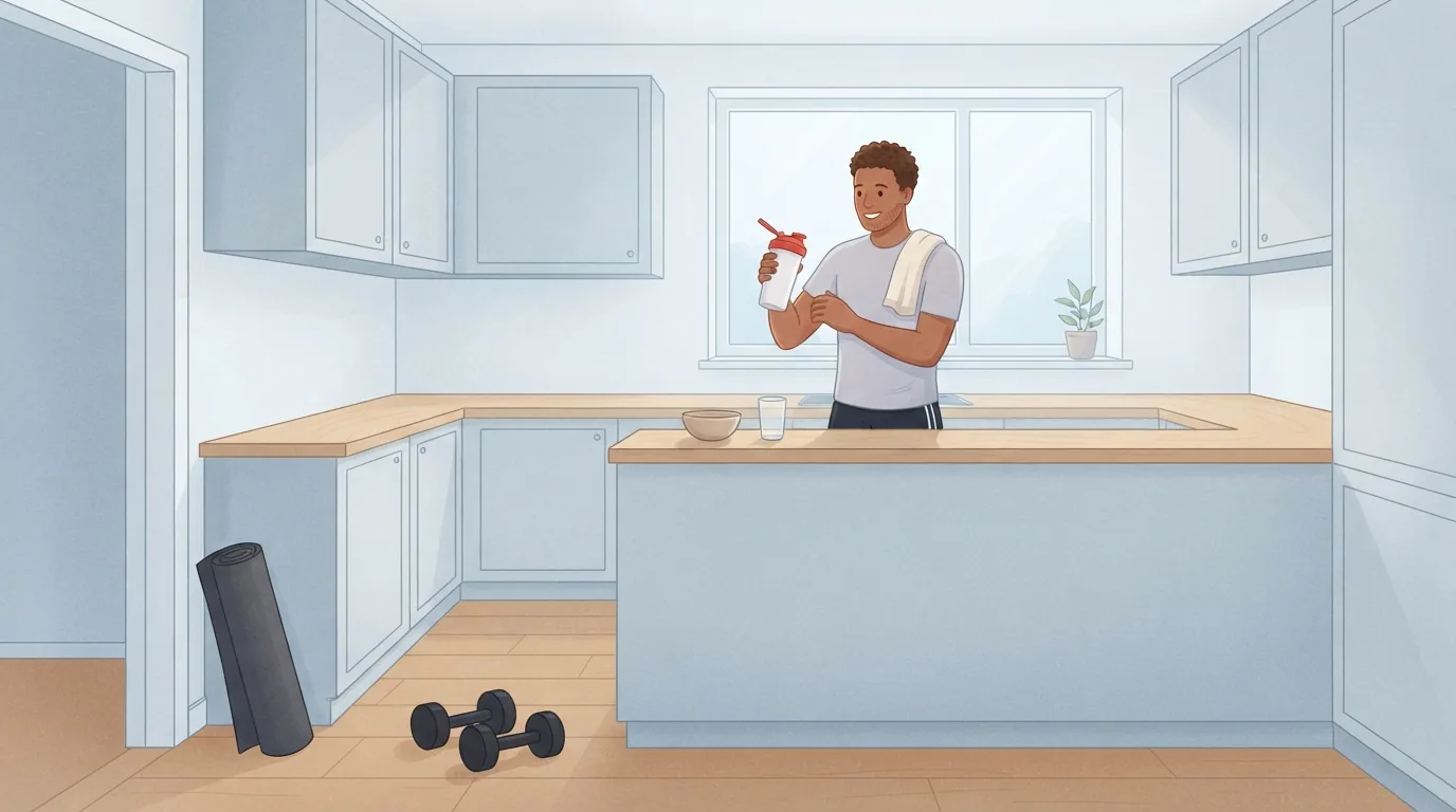 Ein Mann in grauem T-Shirt mit einem Handtuch über der Schulter schüttelt nach einem Kurzhantel-Workout zu Hause eine schlichte weiße Shaker-Flasche mit roter Kappe an einer Küchenzeile aus Birke, in der Nähe liegen ein Paar Kurzhanteln und eine aufgerollte Trainingsmatte auf dem Boden