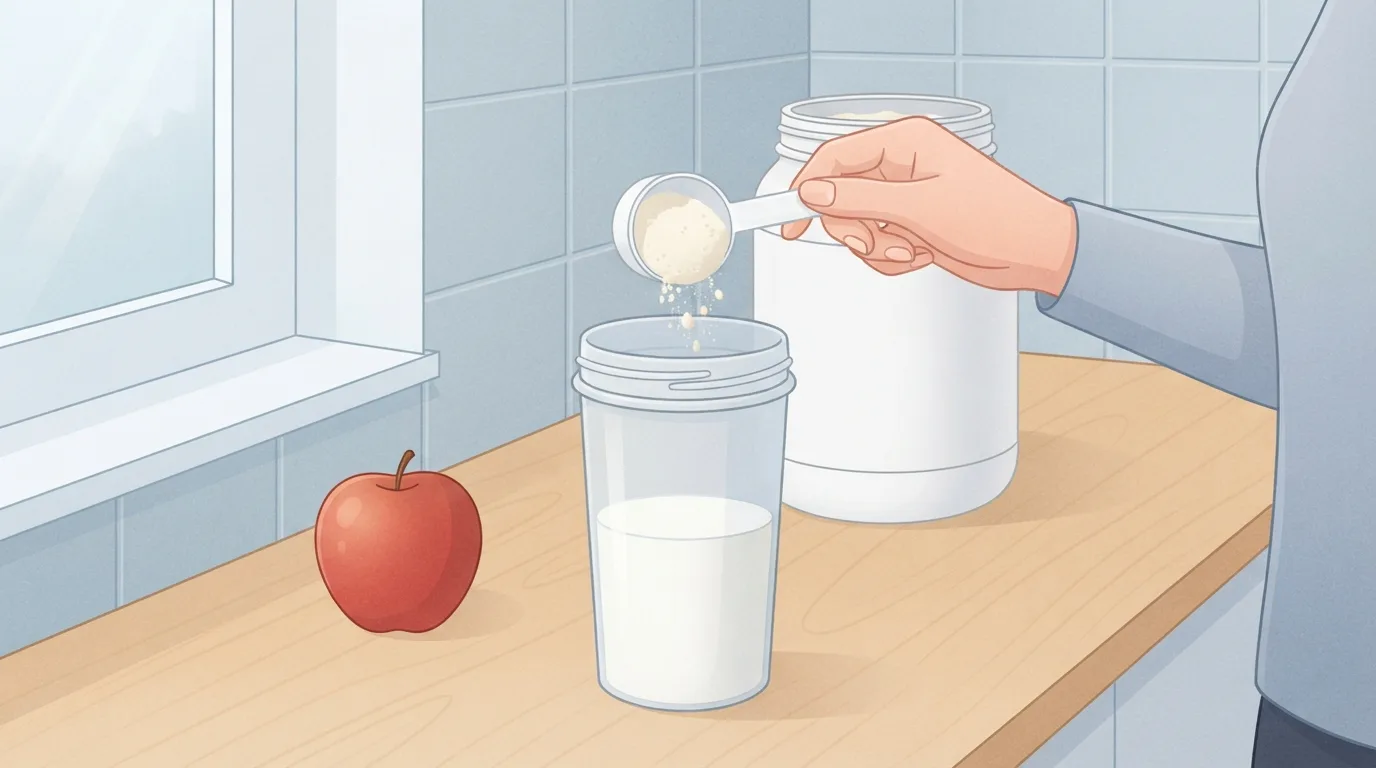 Nahaufnahme einer Hand, die einen Messlöffel hellen Proteinpulvers aus einer schlichten weißen Dose in einen durchsichtigen Shaker-Becher mit Milch auf einer Arbeitsplatte aus Birke kippt, daneben ein roter Apfel