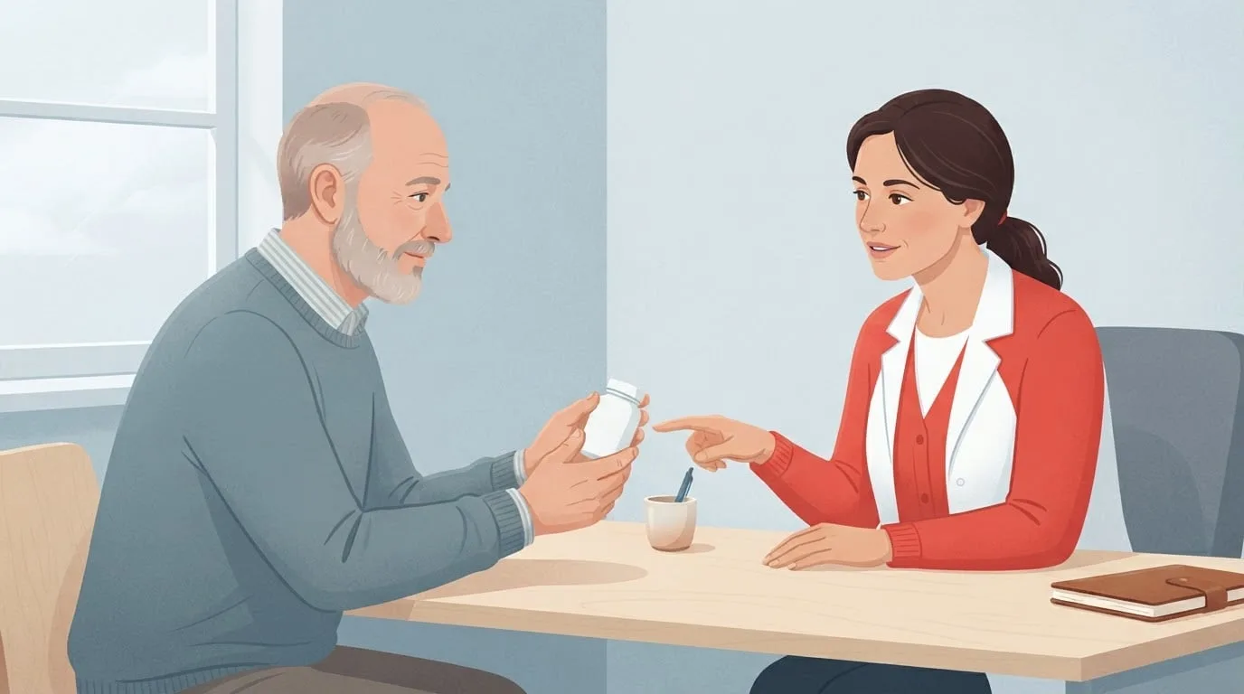 A bearded man in his fifties holding a plain white supplement bottle across a birch desk from a female doctor in a red cardigan, who points at the bottle as they talk about ashwagandha safety