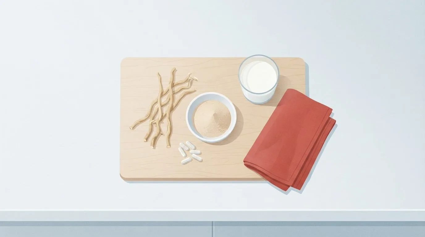 Overhead view of dried ashwagandha roots, a small white bowl of pale root powder, a few white capsules and a glass of milk on a birch board beside a red linen napkin