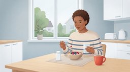 A woman with short curly hair eating oatmeal with berries at a birch kitchen table by a window, holding a glass of water, with a plain white supplement bottle beside her bowl and a red mug of tea, taking ashwagandha with breakfast