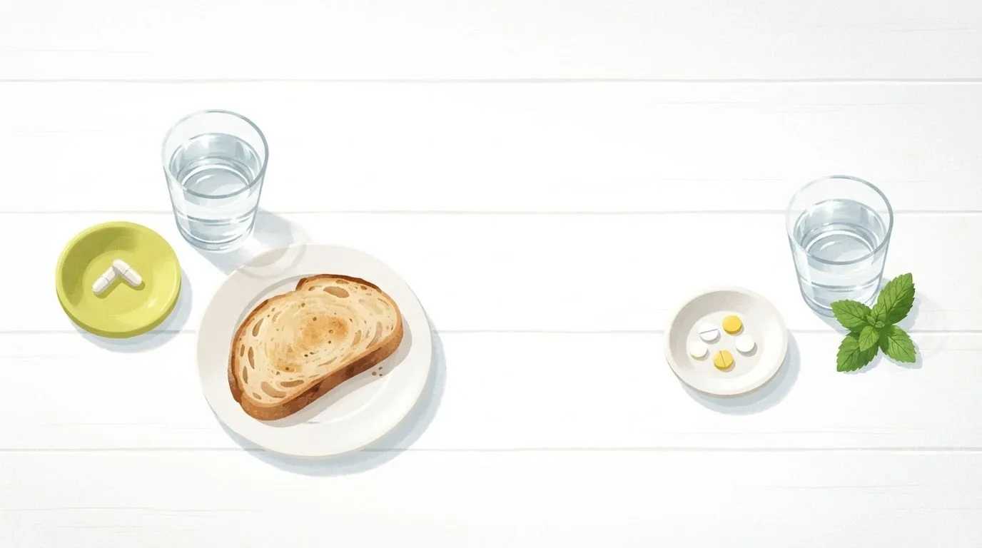 Vue de dessus d'une table blanche avec deux capsules de magnésium dans une coupelle vert citron à côté d'un toast et d'un verre d'eau d'un côté, et une coupelle séparée d'autres comprimés avec son propre verre d'eau, très éloignée, de l'autre côté