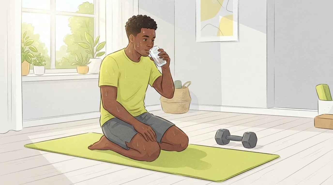 Un jeune homme en t-shirt vert citron agenouillé sur un tapis d'exercice dans un salon ensoleillé, buvant un verre d'eau après une séance d'haltères à la maison, pour illustrer quand prendre du magnésium les jours d'entraînement