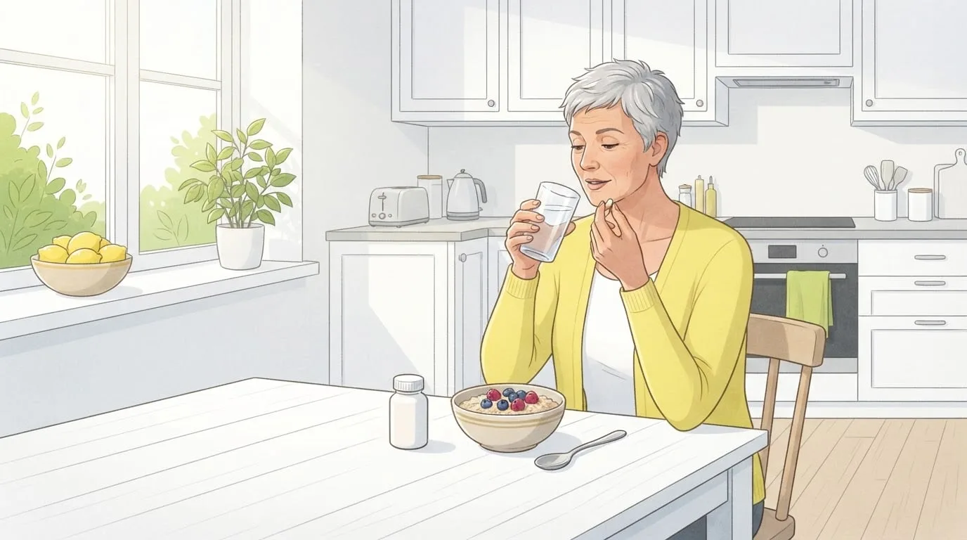 Une femme d'une cinquantaine d'années en gilet jaune, à une table de cuisine blanche et lumineuse, prend une capsule de magnésium avec un verre d'eau à côté de son bol de flocons d'avoine aux fruits rouges, avec un flacon blanc uni posé près du bol