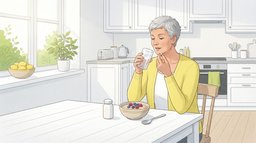A woman in her fifties in a yellow cardigan at a bright white kitchen table taking a magnesium capsule with a glass of water alongside her bowl of oatmeal and berries, a plain white bottle beside the bowl