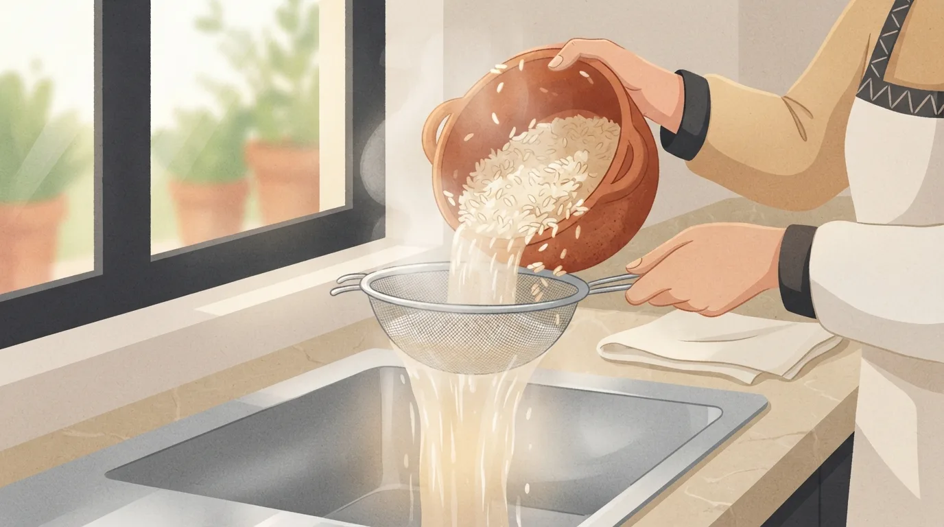 Gros plan de deux mains versant une casserole en terre cuite de riz cuit dans une passoire métallique fine au-dessus d'un évier, l'eau de cuisson fumante s'écoulant à travers, avec une fenêtre et des plantes en pot à l'arrière-plan