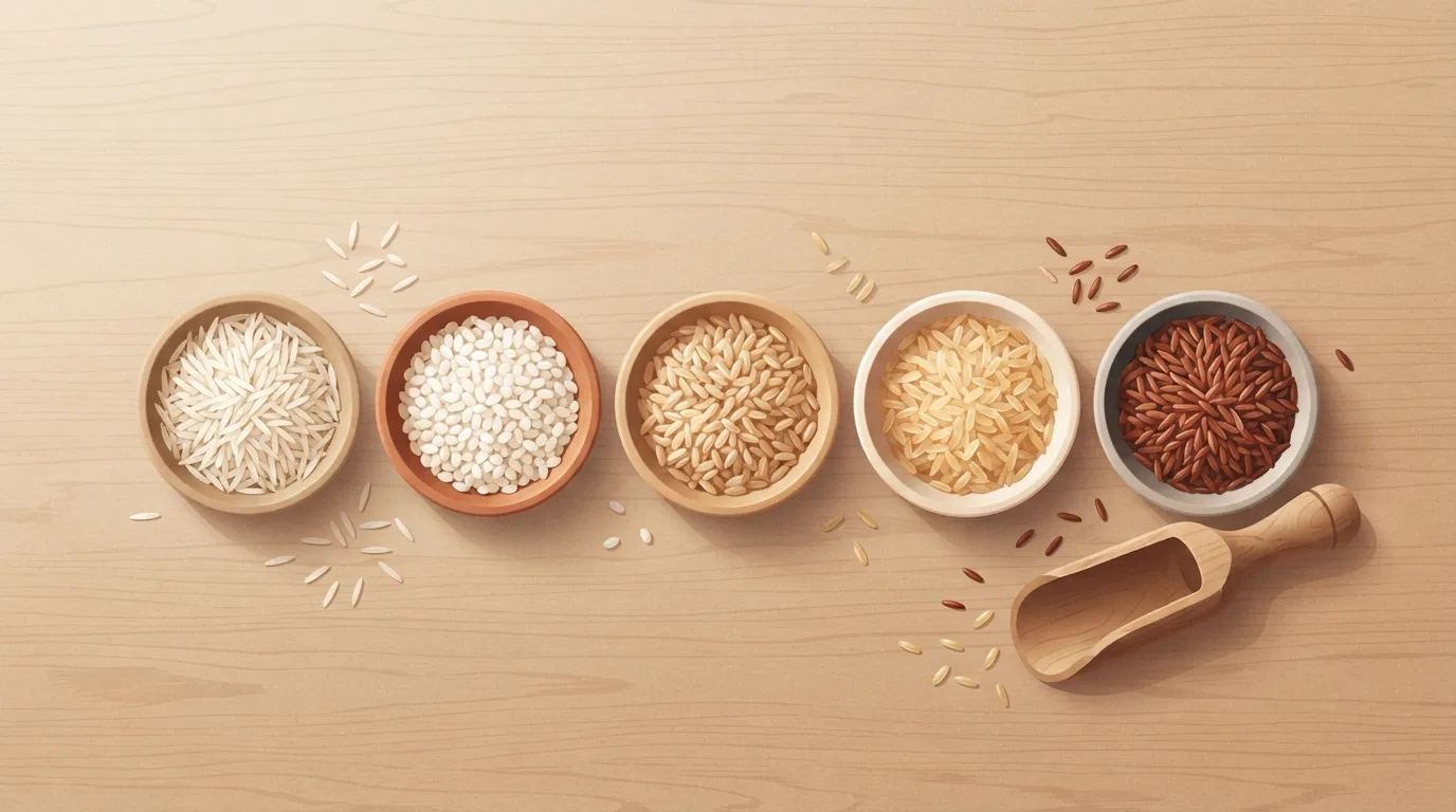 Vue de dessus de cinq petits bols de riz cru alignés sur une table en bois clair : grains blancs longs et fins, grains blancs courts et ronds, riz complet, grains dorés de riz étuvé et riz rouge foncé, avec une pelle en bois et des grains éparpillés