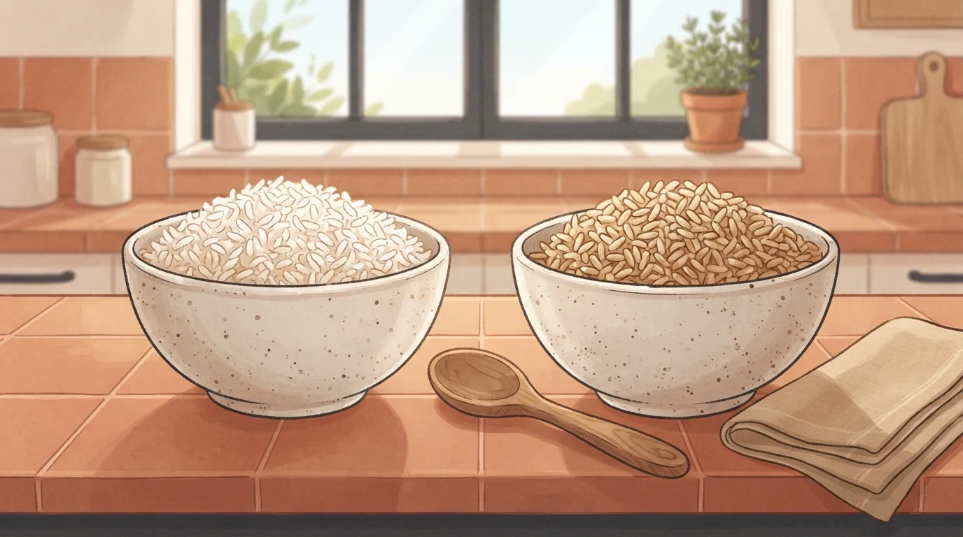 Deux bols en céramique mouchetée identiques, côte à côte sur un plan de travail de cuisine carrelé de terre cuite, l'un rempli de riz blanc cuit et moelleux, l'autre de riz complet cuit, avec une cuillère en bois et une serviette en lin pliée à côté