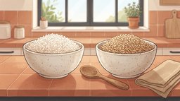Two matching speckled ceramic bowls side by side on a terracotta-tiled kitchen counter, one filled with fluffy cooked white rice and the other with cooked brown rice, a wooden spoon and a folded linen napkin beside them