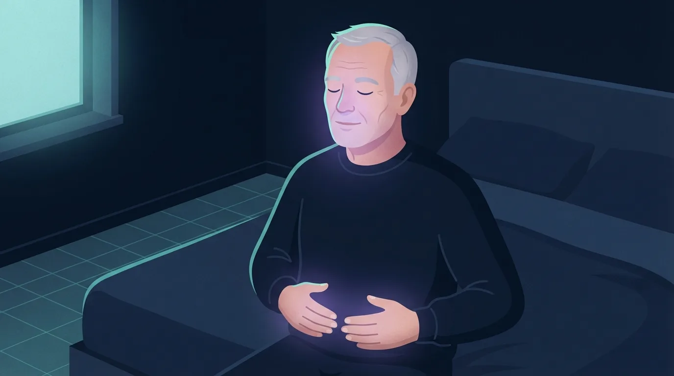 Close-up of a clean-shaven older man sitting on the edge of his bed in the early morning with his eyes closed and both hands resting on his belly, doing a seated round of Wim Hof breathing in a navy bedroom lit by a soft teal glow