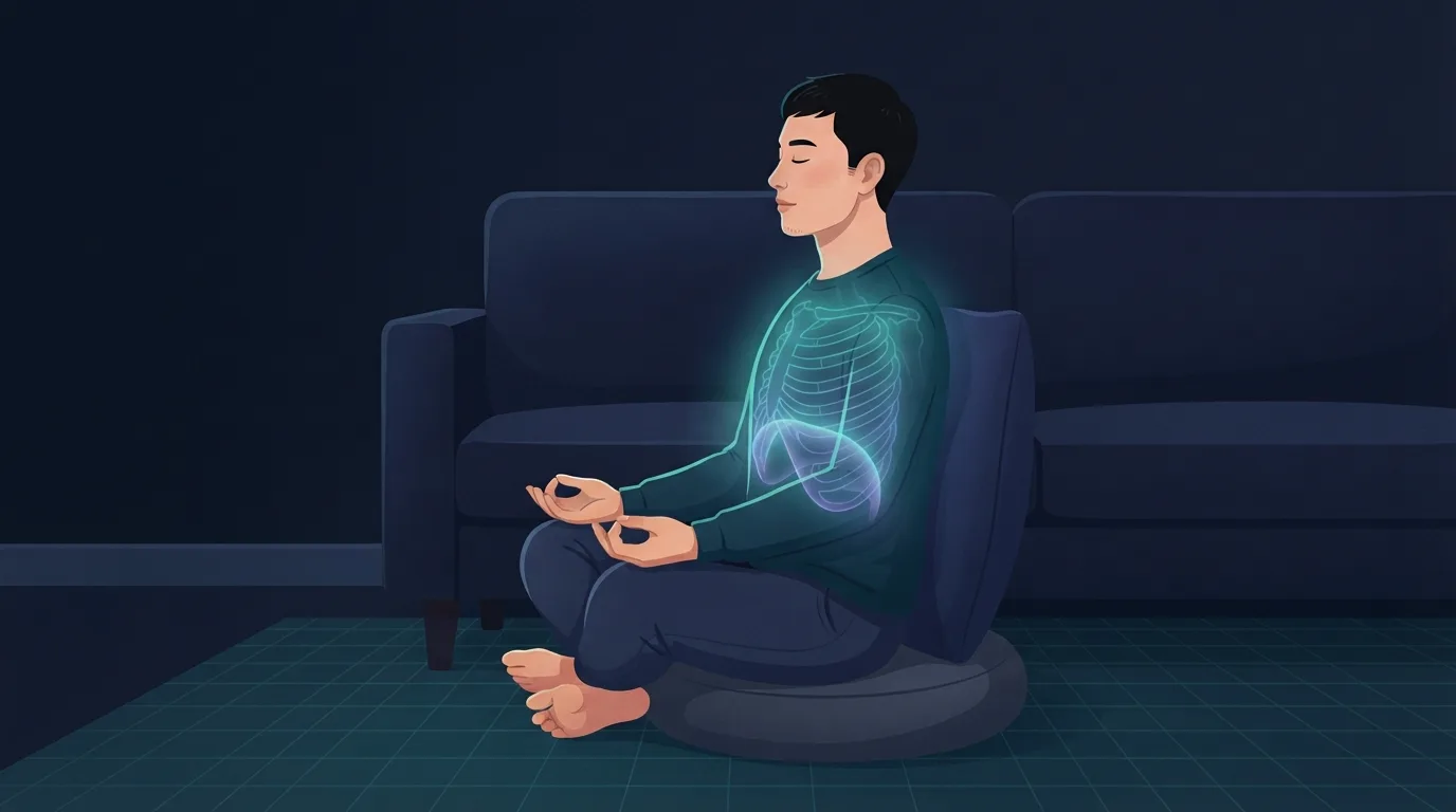 Side view of a young man sitting cross-legged on a floor cushion with his back supported against a couch, eyes closed, breathing out during the Wim Hof breathing technique, with a teal and violet glow around his ribcage and diaphragm
