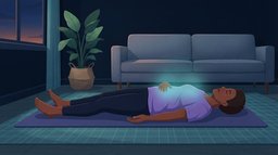 A woman lying on her back on a yoga mat in a dim navy living room at dawn, eyes closed and one hand on her belly, taking a deep breath during a round of Wim Hof breathing, her chest softly lit with a teal glow