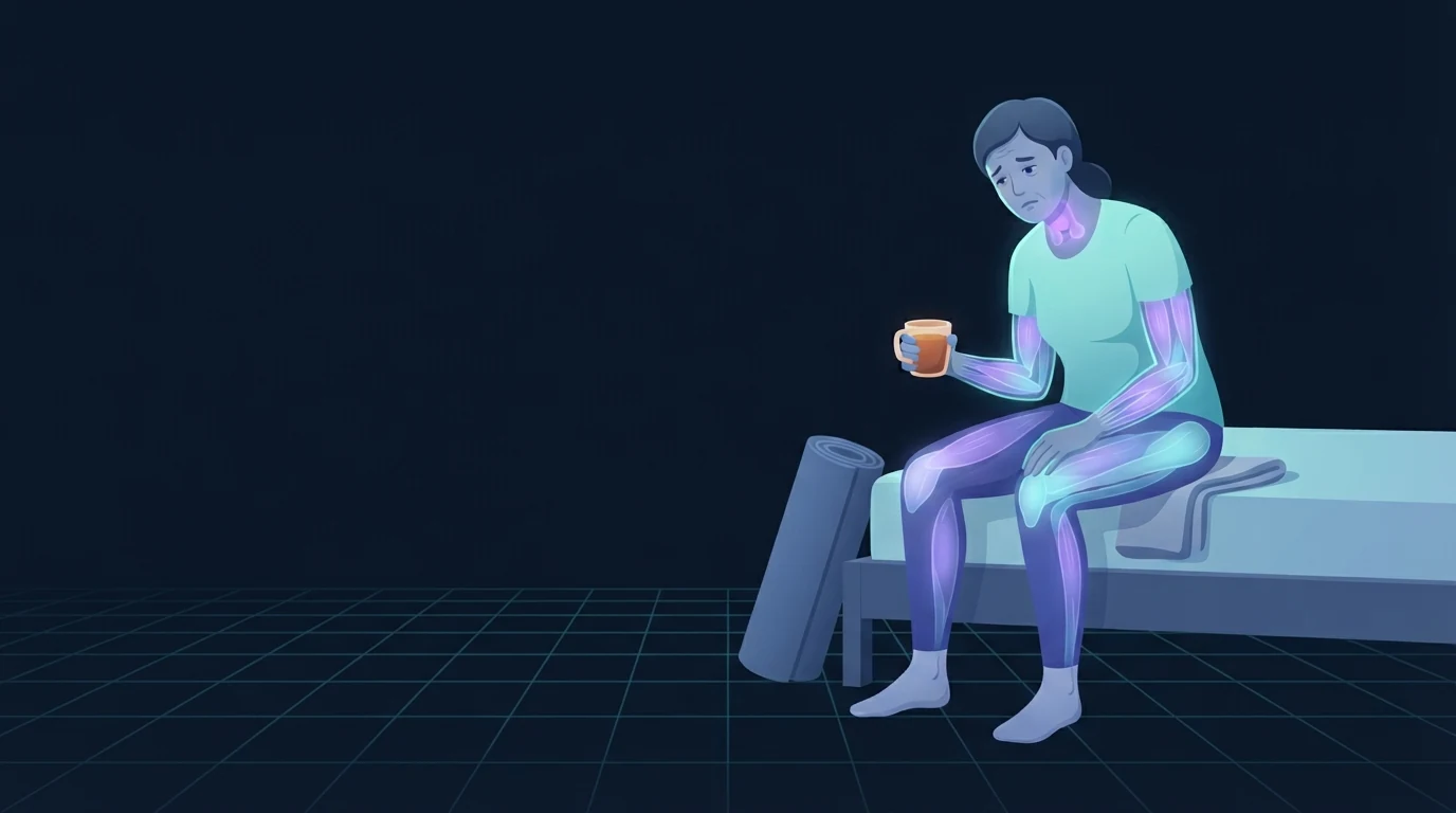 Una persona con ropa deportiva sentada en el borde de una cama sosteniendo una taza, con la garganta y los senos paranasales iluminados, y una esterilla de yoga sin usar enrollada contra el marco de la cama