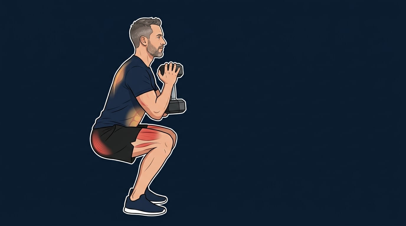 Man in his forties performing a controlled dumbbell goblet squat during a home strength session for men over 40