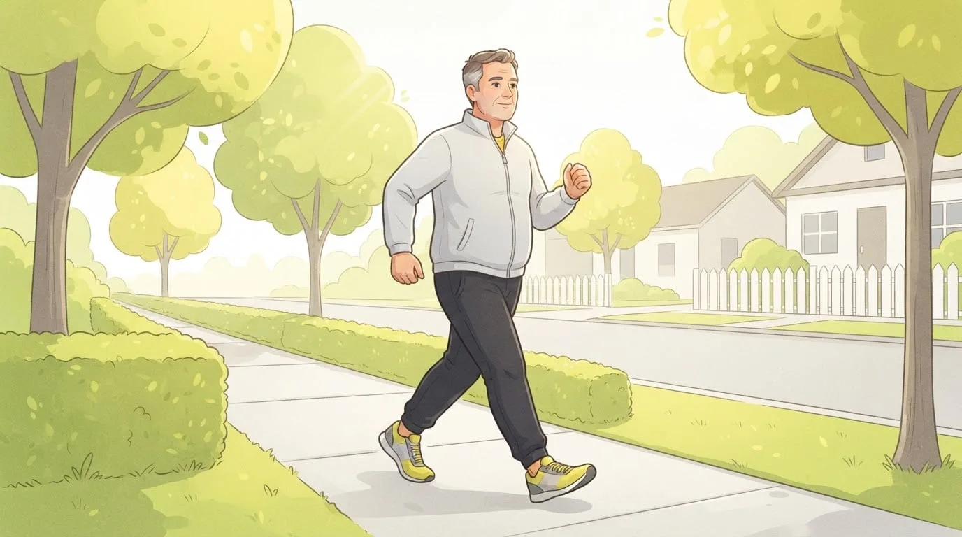A man in his late forties in a light grey zip jacket and dark joggers walking briskly along a tree-lined neighborhood sidewalk on a fresh morning, the cardio layer of a beginner workout schedule
