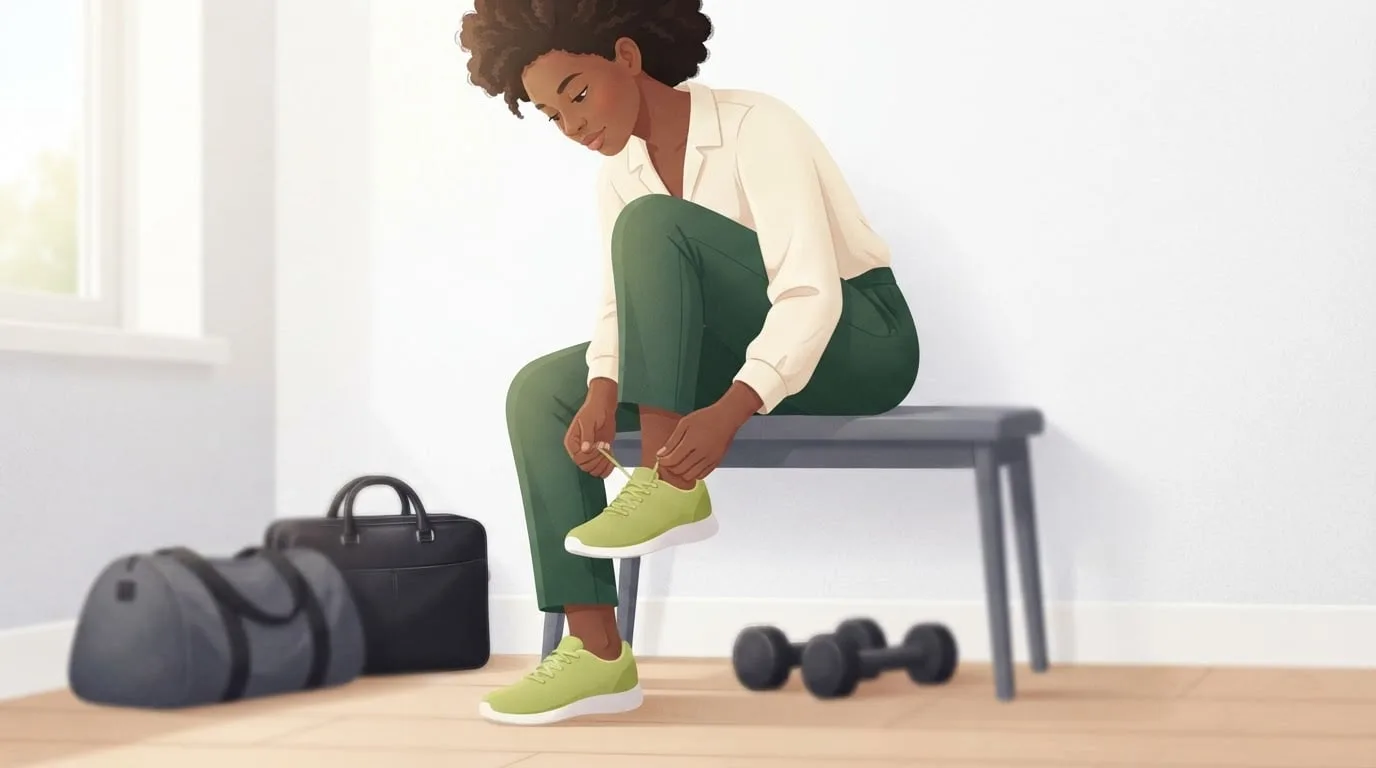 A young Black woman in a cream blouse and green work trousers sitting on a bench by her front door tying lime-green training sneakers, a gym bag and a laptop bag at her feet and two small dumbbells nearby, fitting a workout around work