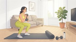 A woman in a yellow top and lime leggings doing a goblet squat with one dumbbell on a mat in a bright living room in the morning, a second dumbbell and a water bottle beside the mat, the first workout of a beginner workout schedule