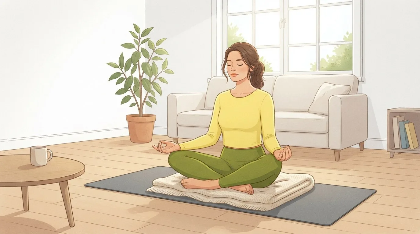 Una mujer sentada con las piernas cruzadas sobre una manta doblada encima de una esterilla de yoga en una sala luminosa, con los ojos cerrados y las manos sobre las rodillas, empezando yoga para principiantes en casa con respiración lenta