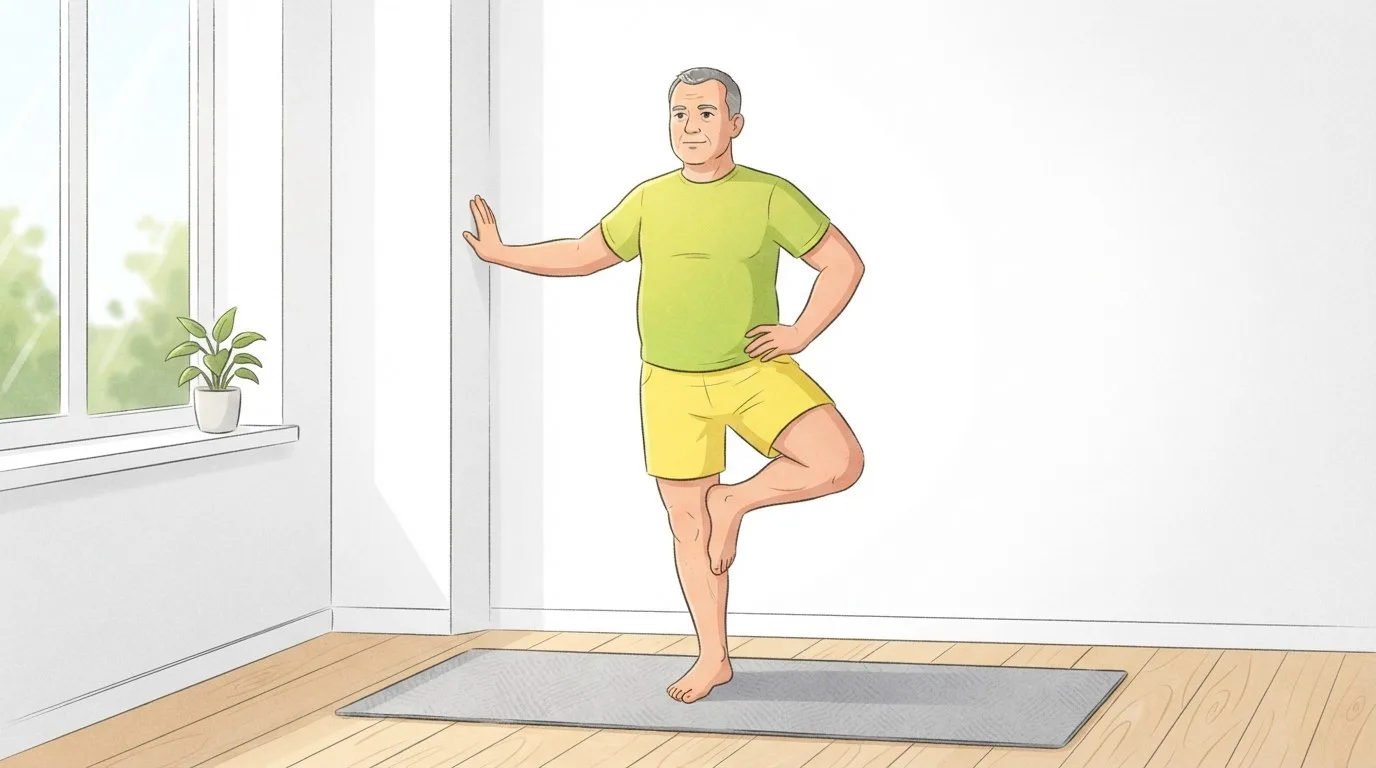 Un hombre de unos cincuenta años en equilibrio en la postura del árbol sobre una esterilla de yoga en una sala luminosa, con una mano apoyada en la pared, la otra en la cadera y el pie levantado contra la parte baja de la pierna
