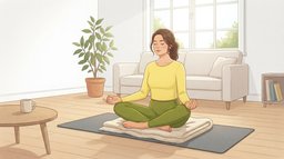 A woman sitting cross-legged on a folded blanket on a yoga mat in a bright living room, eyes closed and hands on her knees, starting yoga for beginners at home with slow breathing