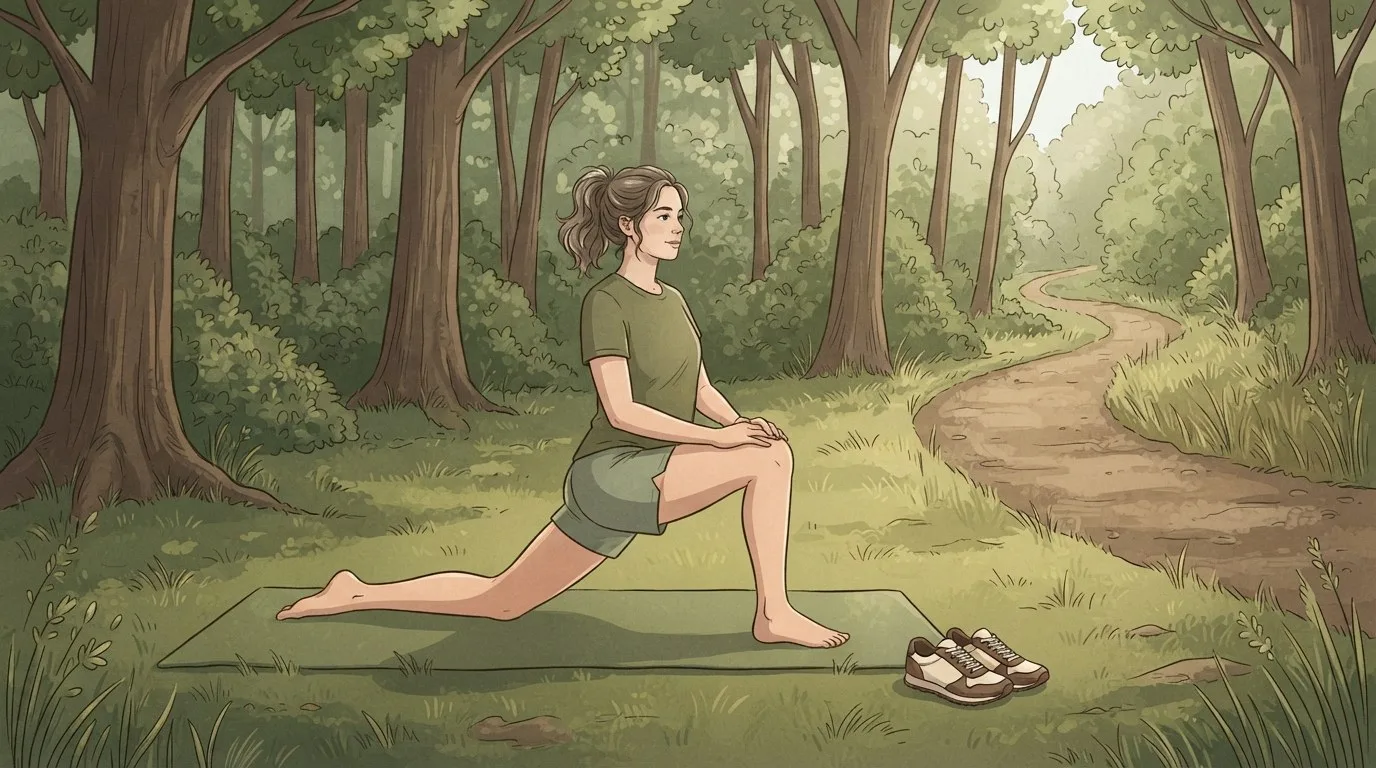 Una corredora arrodillada descalza en una estocada baja sobre una esterilla de yoga en un claro cubierto de hierba junto a un sendero del bosque, con las manos sobre el muslo delantero y sus zapatillas de correr junto a la esterilla