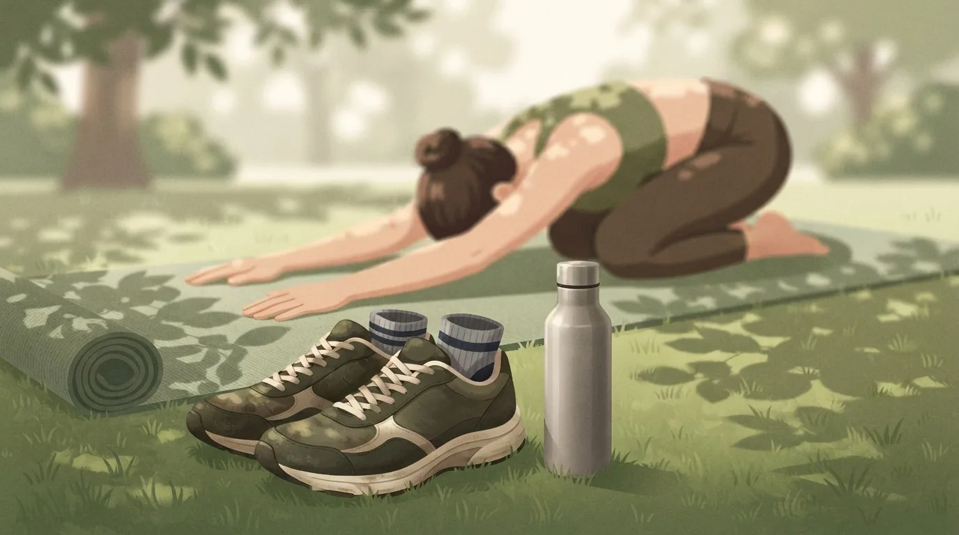 Primer plano de zapatillas de correr embarradas con calcetines dentro y una botella de agua metálica sobre la hierba junto a una esterilla de yoga, con un corredor descansando en la postura del niño sobre la esterilla al fondo