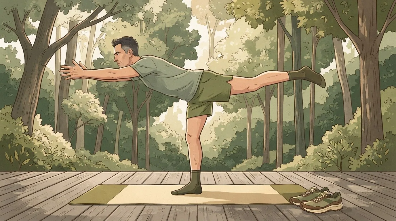 Un corredor de unos cuarenta años en equilibrio en el guerrero 3 sobre una esterilla de yoga en una terraza de madera al borde de un bosque, con el torso y la pierna trasera paralelos al suelo y los brazos extendidos al frente, y las zapatillas de correr junto a la esterilla