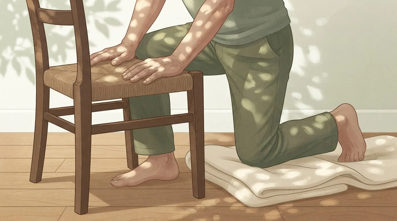 Close-up of an older man's hands pressing on a woven chair seat as he rises from half kneeling, one knee on a folded cream blanket and the other foot flat on a wooden floor, the last step of getting up after senior yoga