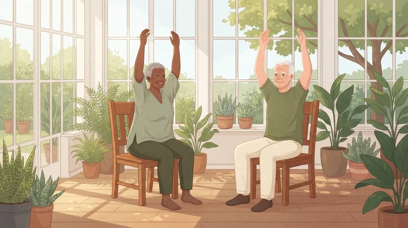 An older woman with short grey hair and an older white-haired man sitting tall on wooden chairs in a plant-filled sunroom, both reaching their arms overhead in a gentle seated stretch during a yoga for seniors session