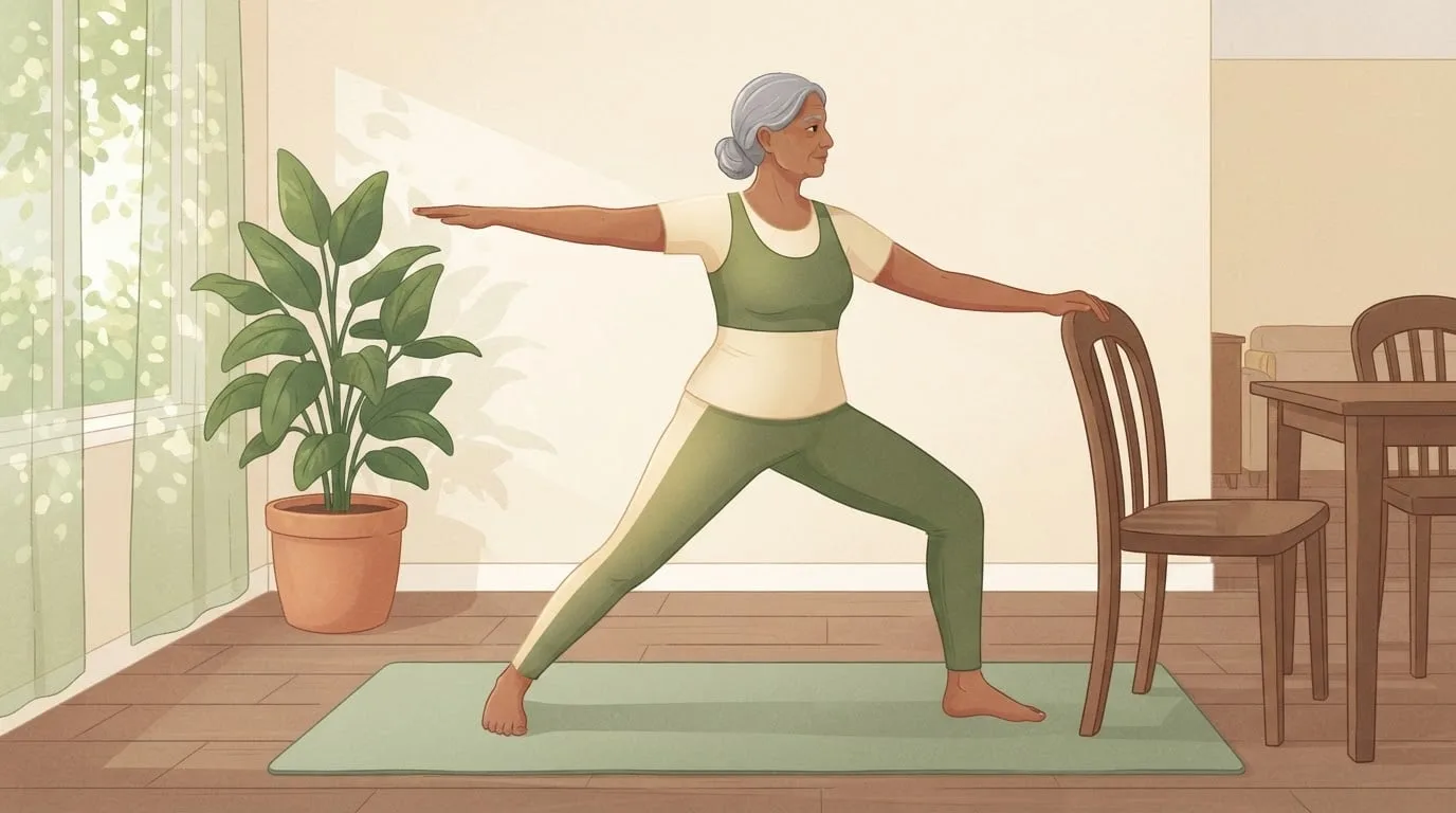 A grey-haired woman in her seventies in a green top standing in warrior 2 on a sage yoga mat, front knee bent and one hand resting on the back of a wooden chair for balance, a supported senior yoga pose at home