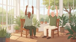 An older woman with short grey hair and an older white-haired man sitting tall on wooden chairs in a plant-filled sunroom, both reaching their arms overhead in a gentle seated stretch during a yoga for seniors session