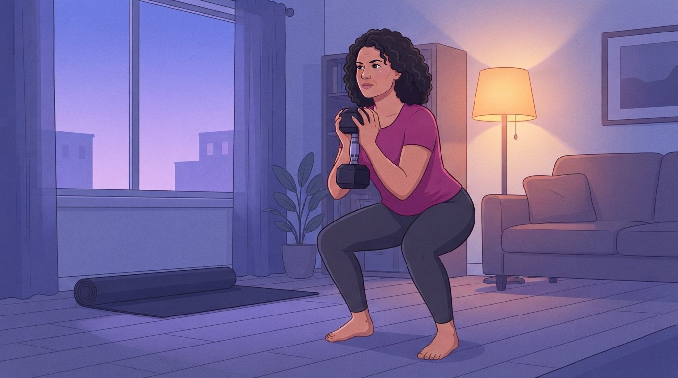 Illustration einer Frau in ihren Vierzigern, die in der Abenddämmerung in ihrem Wohnzimmer neben einer warmen Stehlampe einen Goblet Squat mit Kurzhantel macht, die Art von Krafteinheit zu Hause, die beim Intervallfasten 16:8 die Muskeln schützt