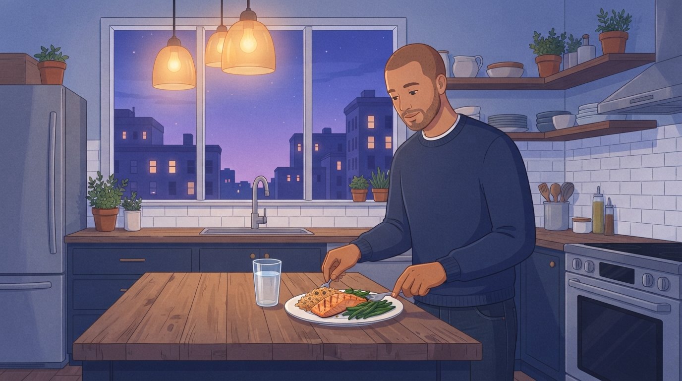 Illustration eines Mannes, der an einer Kochinsel aus Holz unter warmen Pendelleuchten in der Abenddämmerung gegrillten Lachs, Reis und grüne Bohnen anrichtet, die letzte Mahlzeit eines Essensfensters beim Intervallfasten 16:8