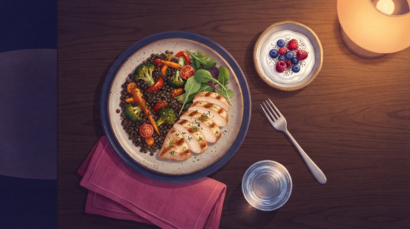 Illustration eines Abendessentischs in der Dämmerung von oben mit einem Teller aus aufgeschnittenem gegrilltem Hähnchen, Linsen und geröstetem Gemüse, einer Schüssel Joghurt mit Beeren, einem Glas Wasser und einer magentafarbenen Serviette unter einer warmen Lampe