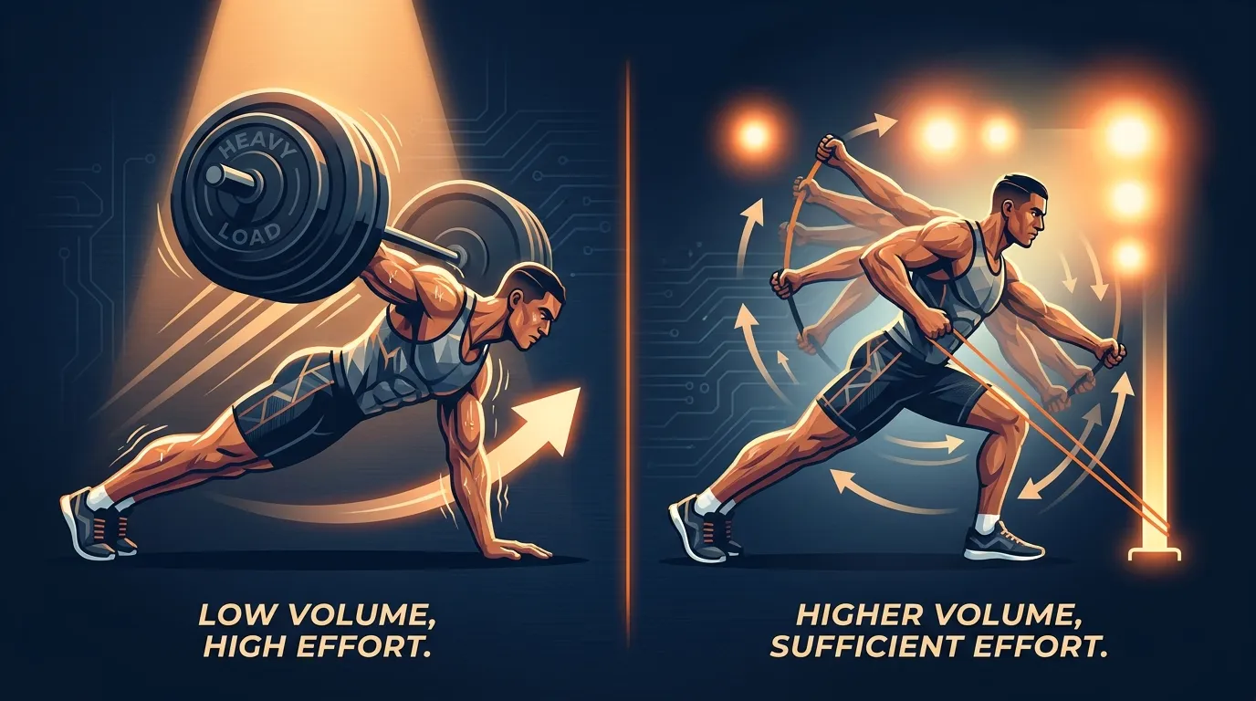 Editorial illustration contrasting the strength prescription (heavier, lower volume) with the hypertrophy prescription (more volume, wider load range, eccentric emphasis)