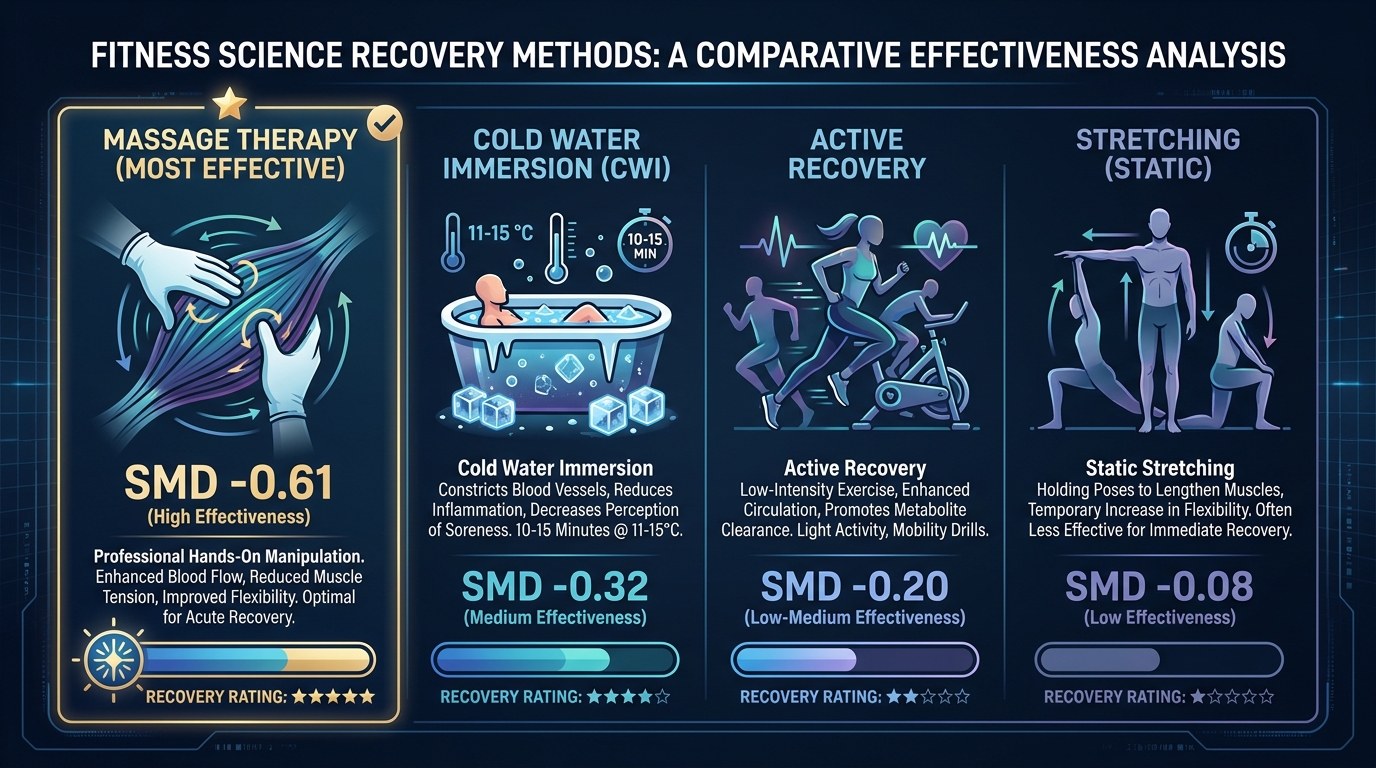 Side-by-side comparison of recovery methods showing massage as most effective with SMD of negative 0.61 followed by cold water immersion active recovery and stretching